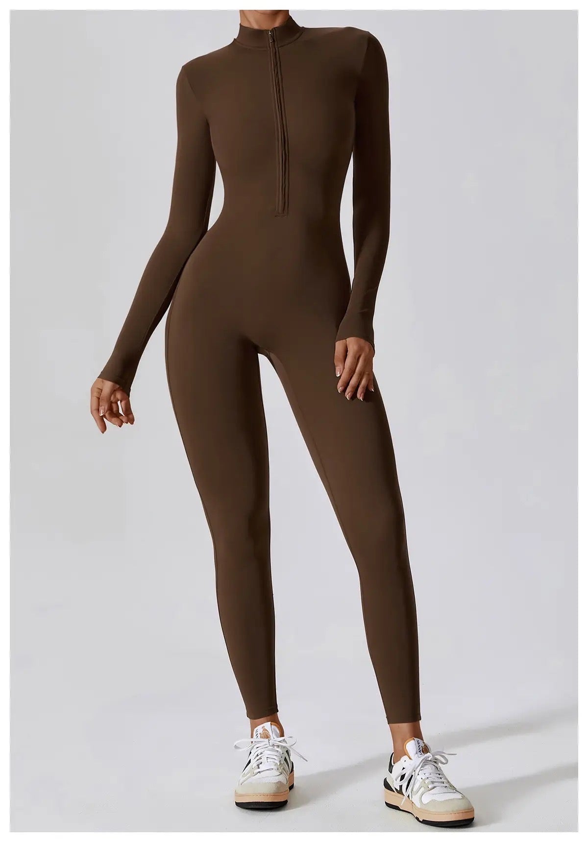 Zip Up Long Sleeve Jumpsuit - Brown