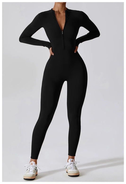 Zip Up Long Sleeve Jumpsuit - Black