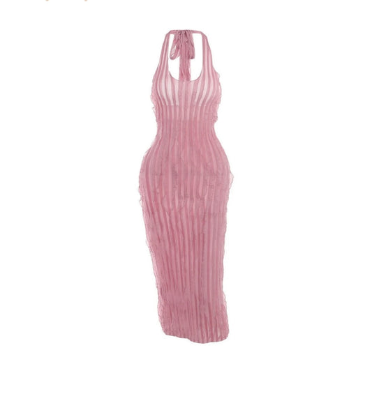 Light Pink Halter Ruffle Maxi Dress